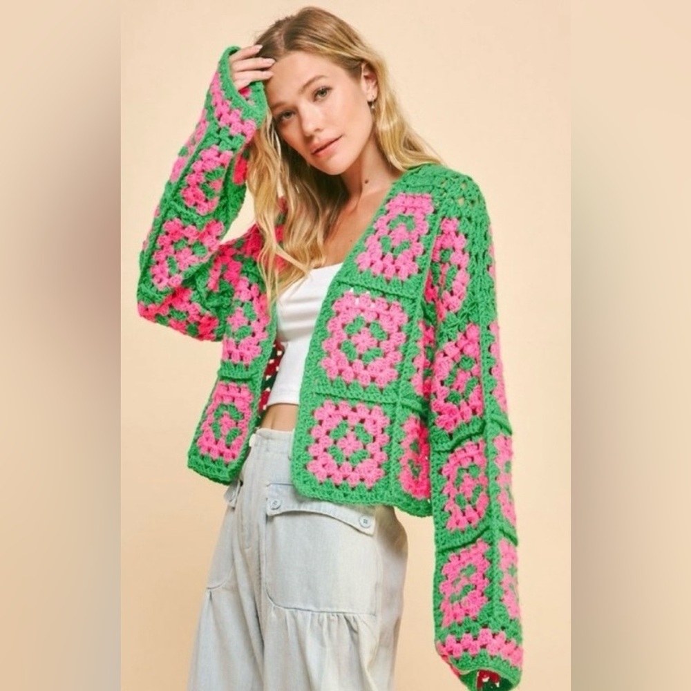 Open knit granny square crochet boho cardigan